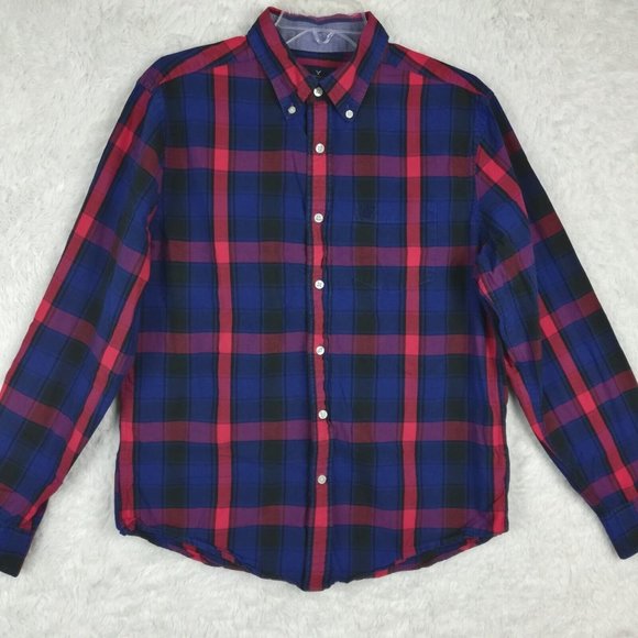 American Eagle Mens Shirt Button Down Blue Red Plaid‎ Long Sleeve Classic Fit S - Picture 1 of 10